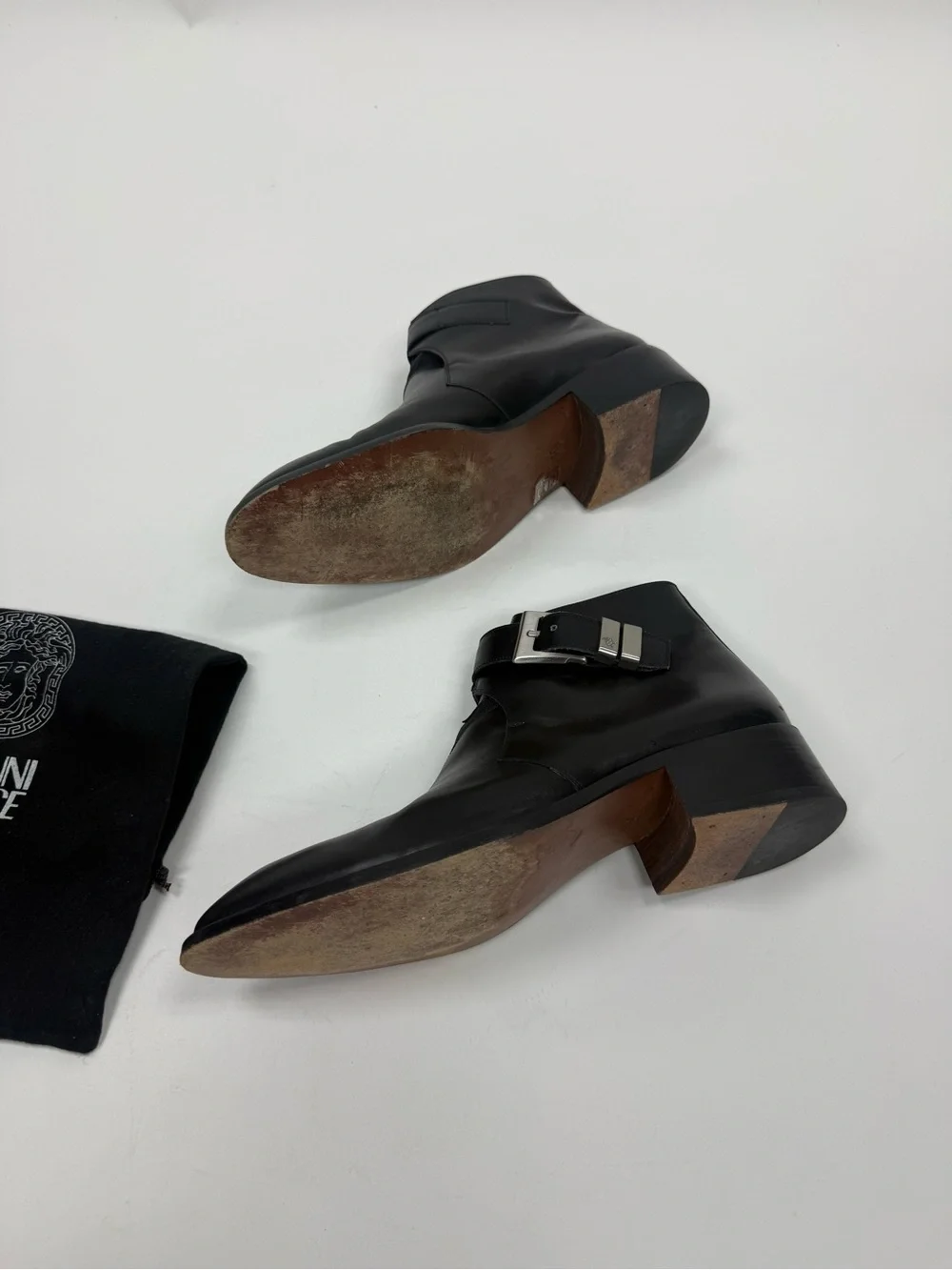 Versace Black Leather Chukka Boots with Silver Buckle